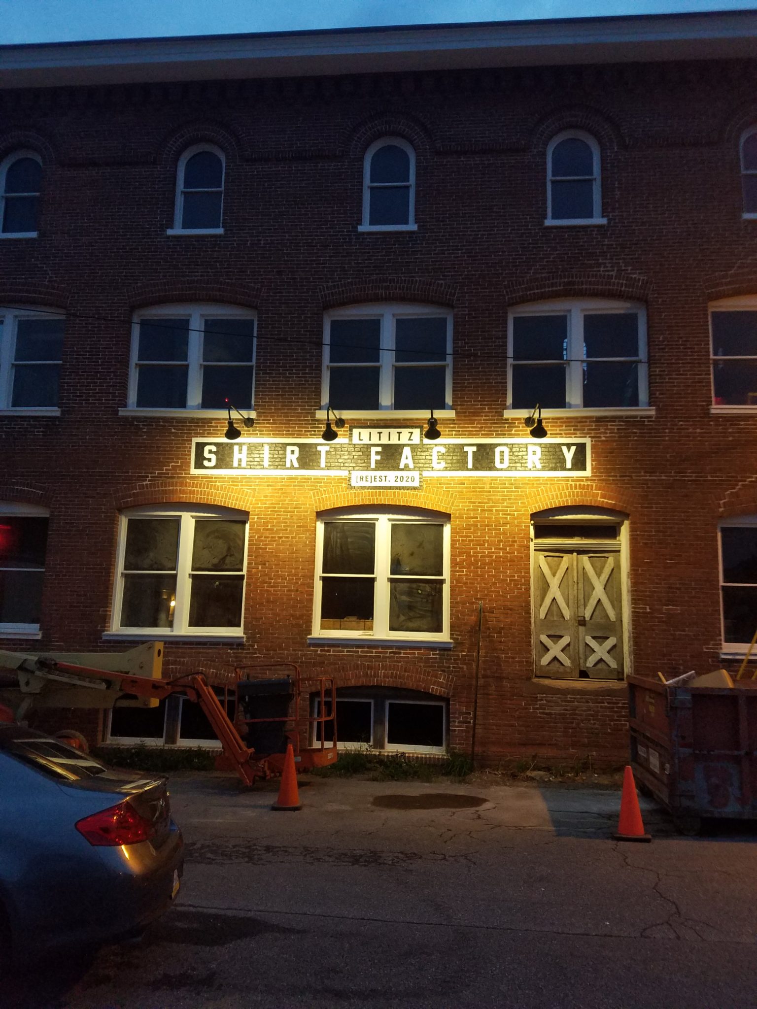 Lititz Shirt Factory exterior at night